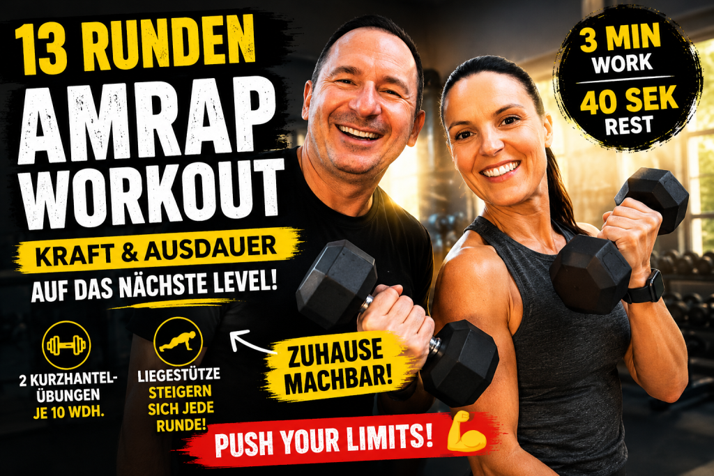 Bereit für ein intensives Ganzkörper-Workout, das Kraft, Ausdauer und mentale Stärke kombiniert? 😎🔥
Dann ist dieses AMRAP Workout genau das Richtige für dich!