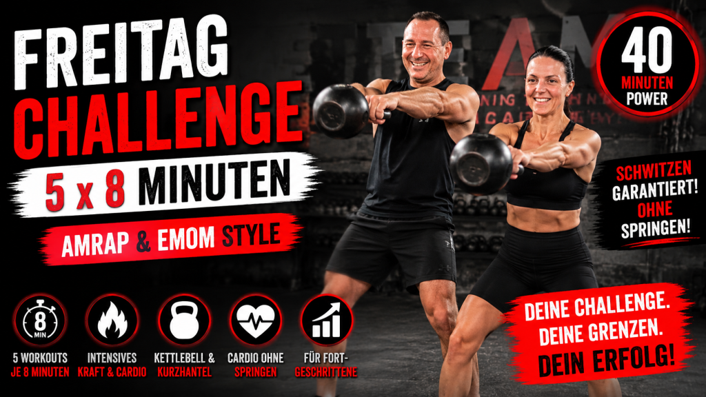 Willkommen zur Freitag Challenge! 🔥😎
Heute erwarten dich 5 verschiedene Workouts mit jeweils 8 Minuten Dauer.
Kurz, intensiv und unglaublich effektiv! 💪