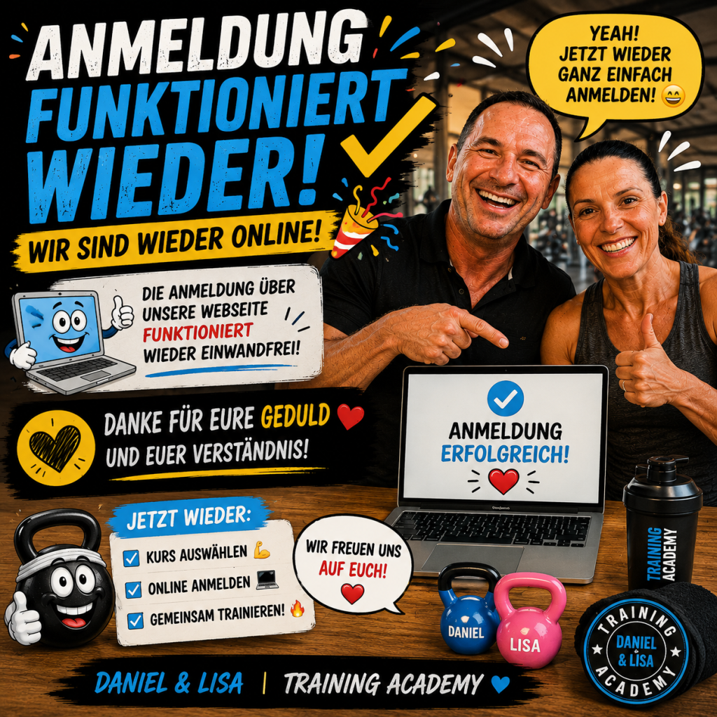 Unsere Online-Anmeldung funktioniert wieder! 🎉❤️💪
Ihr könnt euch ab sofort wieder ganz bequem direkt über unsere Webseite für eure gewünschten Kurse anmelden.