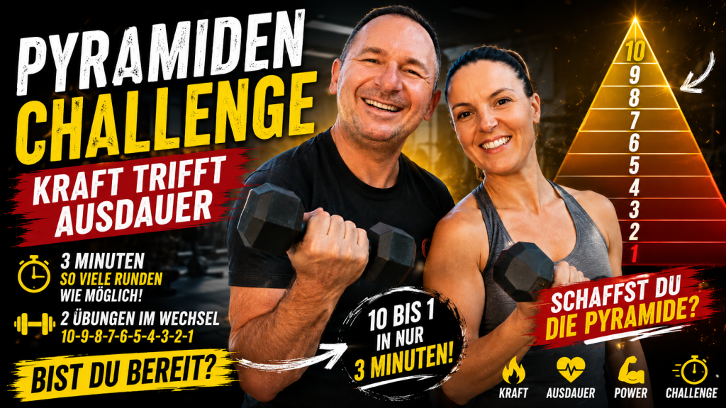 Bist du bereit für eine neue Herausforderung?
In diesem Workout trainieren wir nach dem Pyramidenprinzip – einfach aufgebaut, aber richtig fordernd! 10-9-8-7… Pyramiden Challenge | Kraft trift Ausdauer 💪💪💪🔥🔥🔥